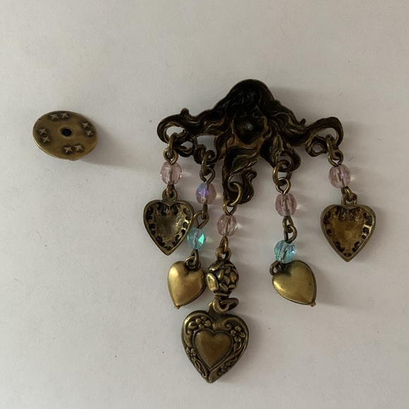 SWEET ROMANCE bronze tone pin,  Celtic lady w/ dangling heart charms. - Picture 5 of 8